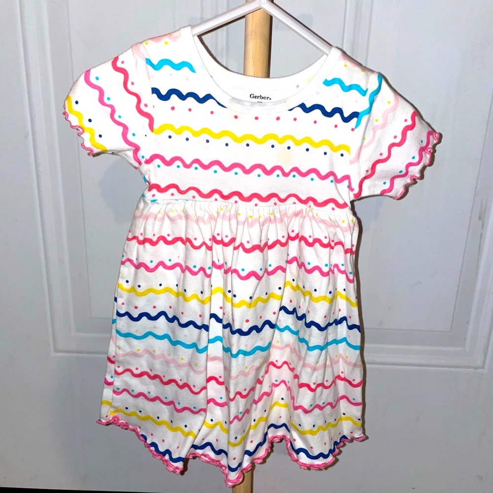 Gerber White with Rainbow Stripes Dress with Matching Diaper Cover 12 Months